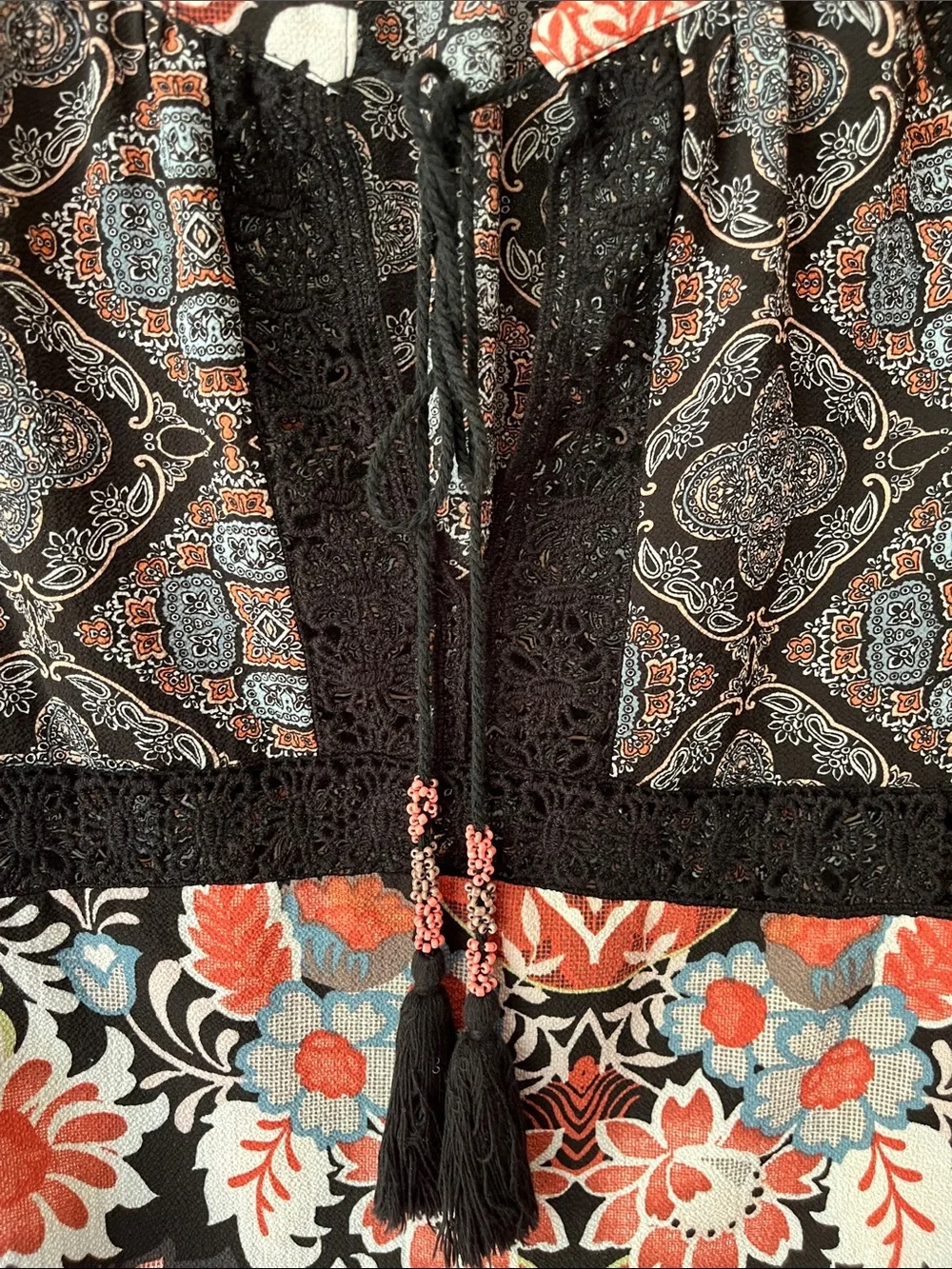 Boho Floral Peasant Blouse in Black and Coral